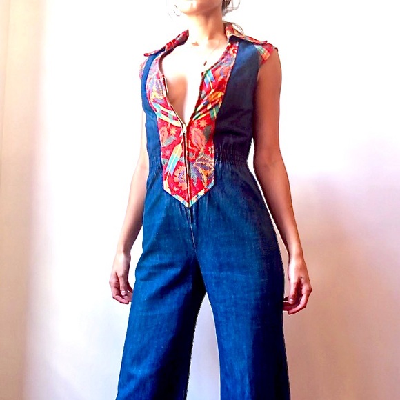 Vintage Pants - 1970s Oops California denim jumpsuit bell bottom S